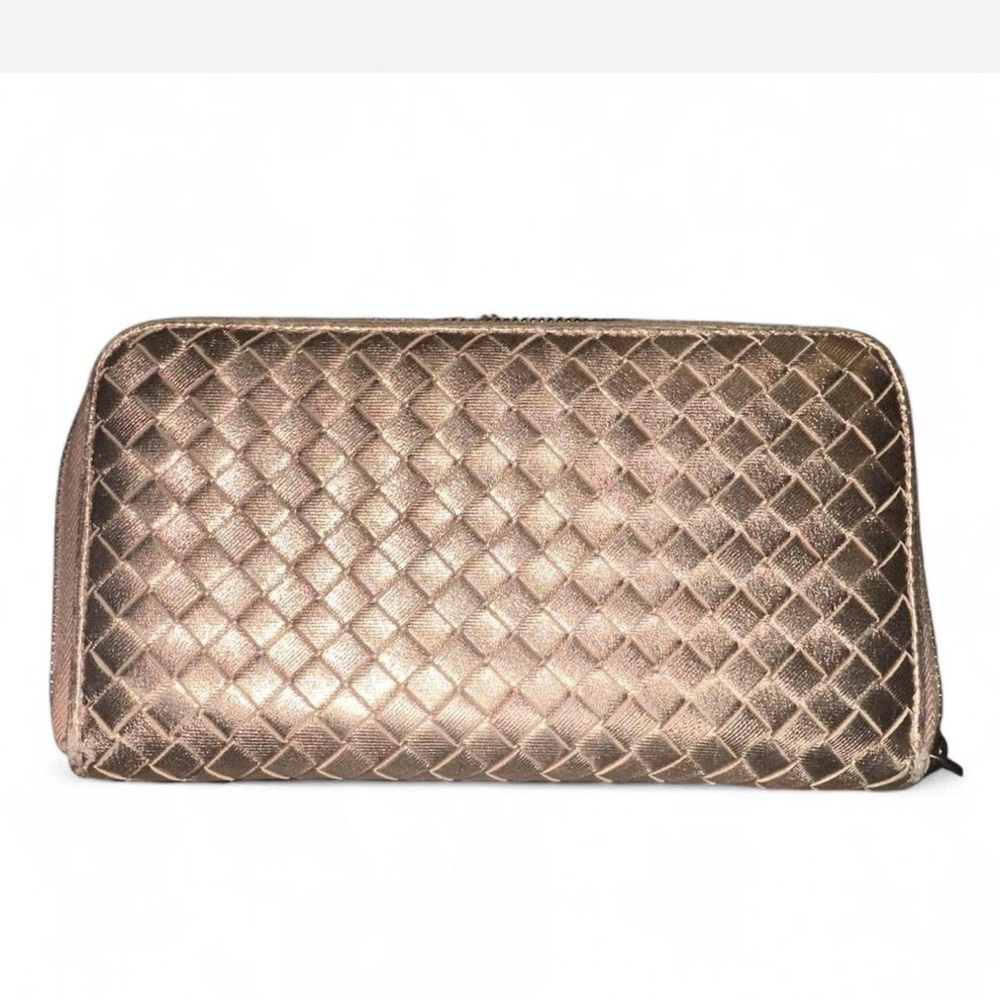 EUC - Bottega Veneta Metallic Rose Gold Intrecciato Leather Zip-Around Wallet